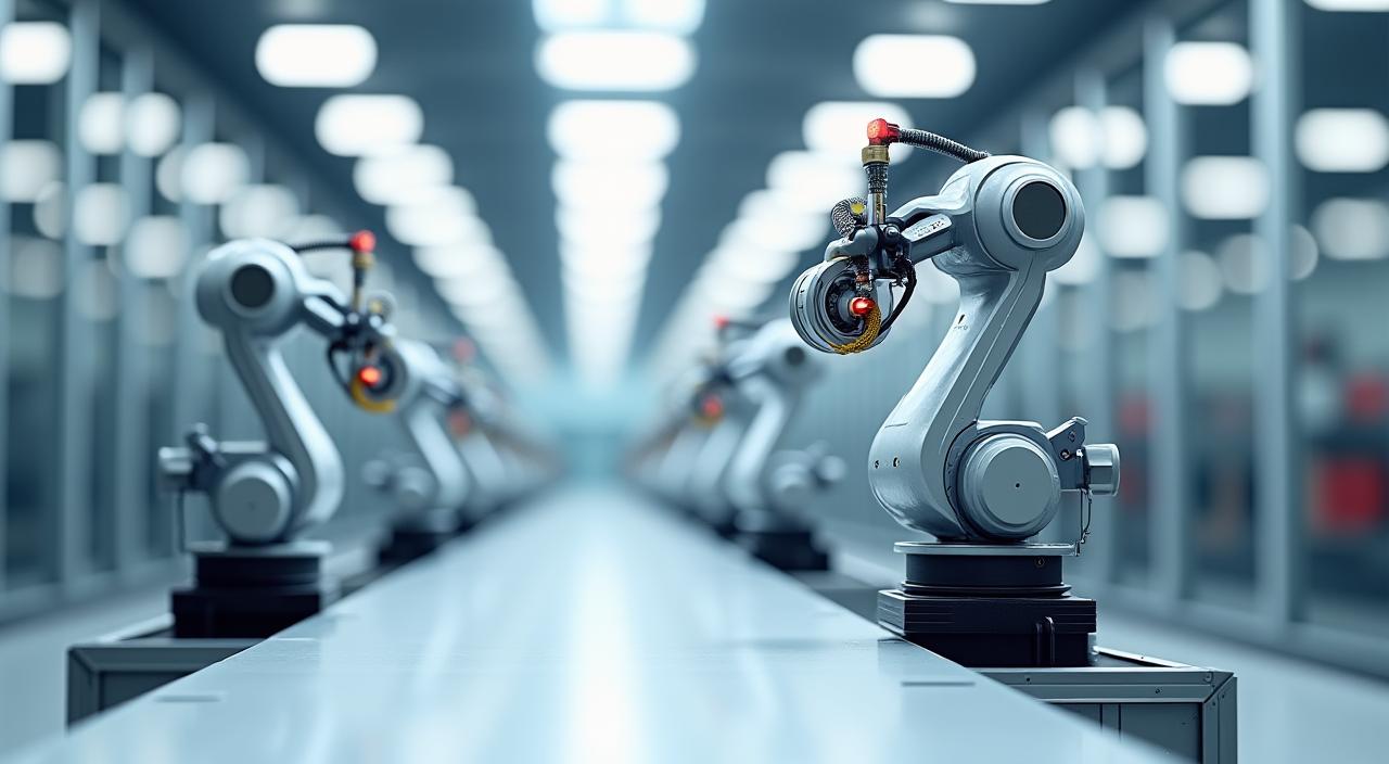 Automatisierte Roboterarme in einer modernen Produktionshalle.